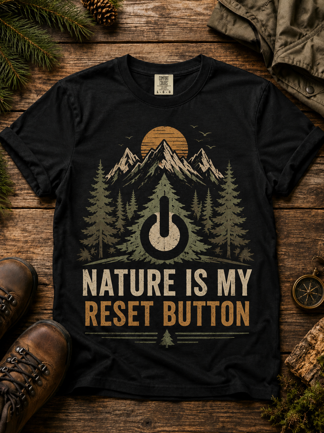 Nature Is My Reset Button T-Shirt — Retro Mountain Outdoor Tee